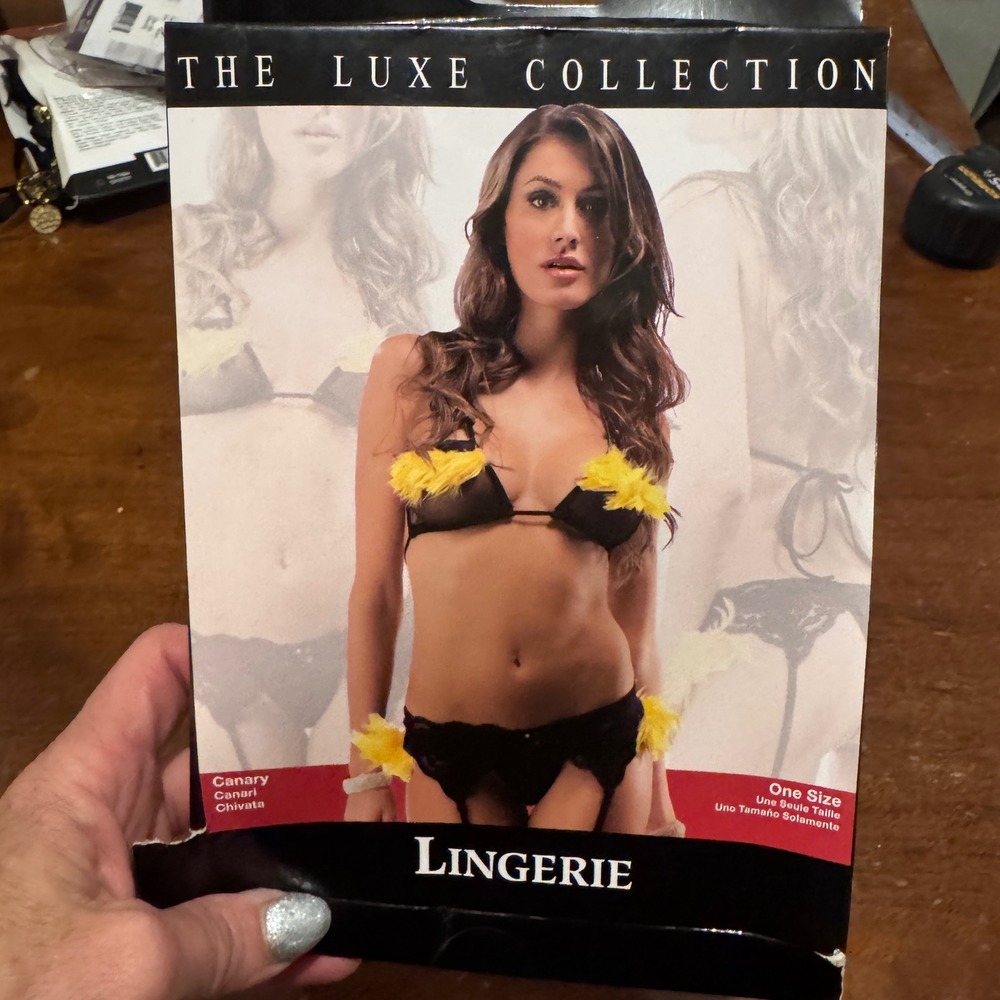 The Luxe Collection Canary Lingerie Set Black Feather Top Panty Garter Sexy NWT